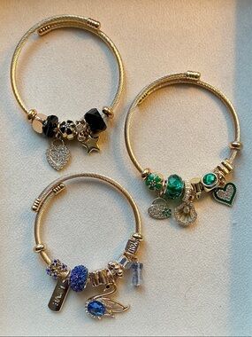 Gold-Tone Charm Bangles with Green, Black, and Blue Accents Bundle of 3